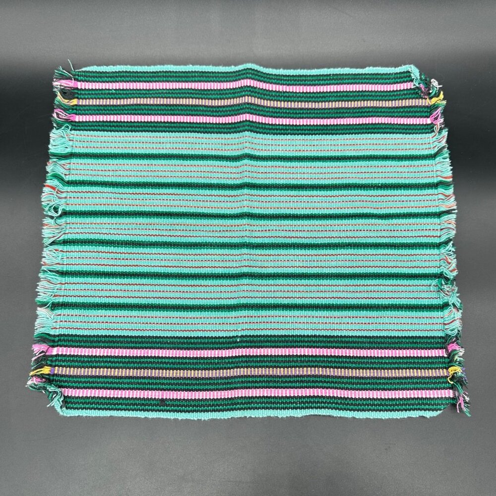 Vintage Placemat and Napkin Set Cotton Fringe Green Pink Stripes Setting for 6 - Picture 2 of 8